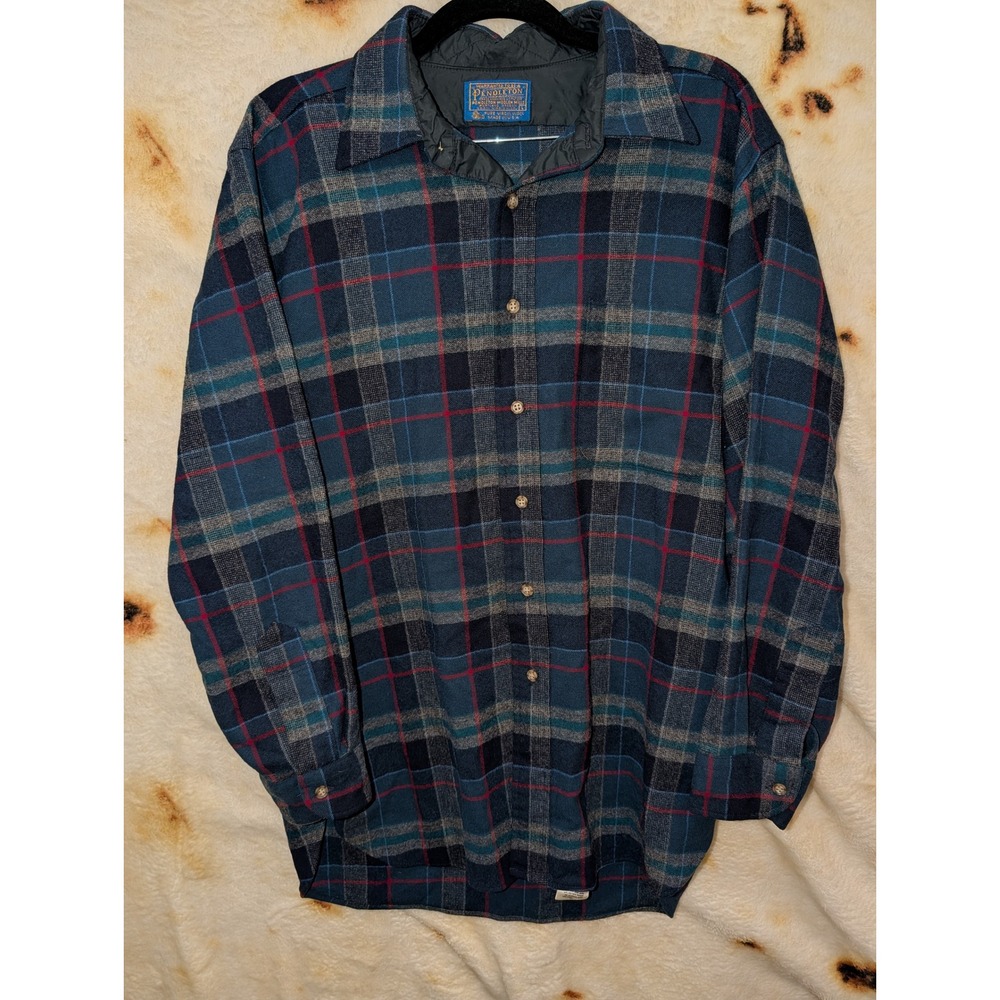 Pendleton Flannel Shirt Mens L Blue Plaid Wool Button Down Made in USA Vintage